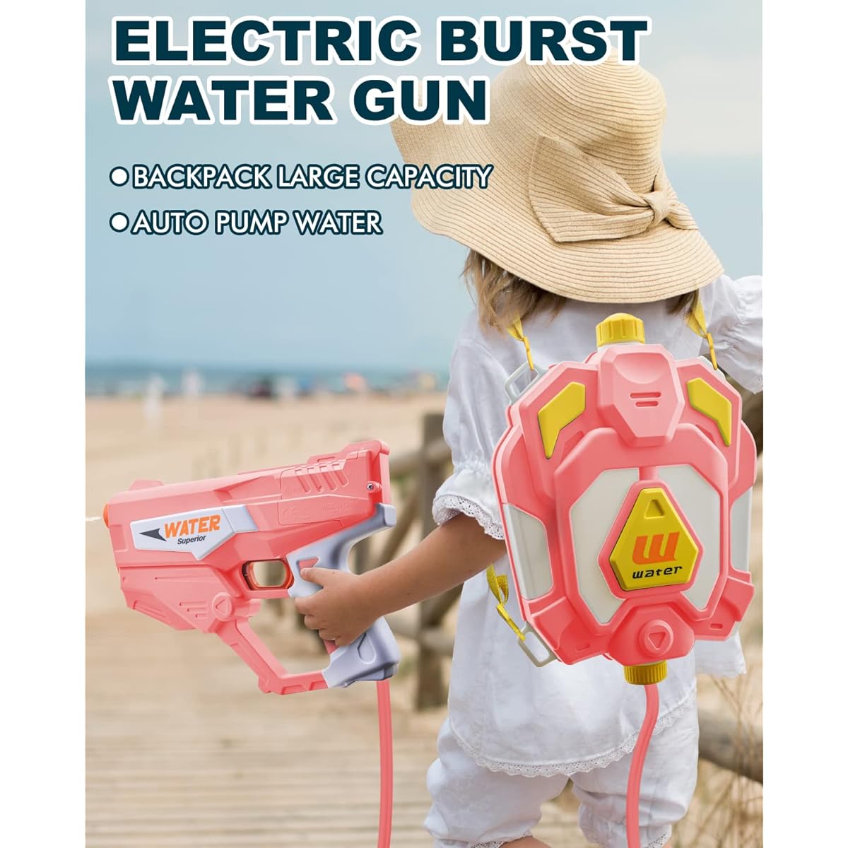 Automatic Electric Water Gun, 40+ Feet Long Distance Auto Pump Water Spray Gun, 1350cc Backpack Large Capacity Fully Automatic Water Gun for Adults and Kids Summer Outdoor Beach Swimming Pool Party Toy - Pink