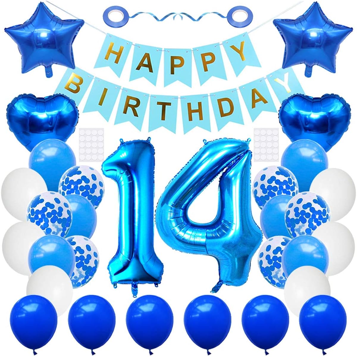 Huture 14 Birthday Party Supplies Blue Number 14 Foil Balloon Happy Birthday Banner Kit 14th Birthday Decorations White Blue Latex Confetti Balloons Foil Star Balloons Best Gift for Girls/Boys Birthday