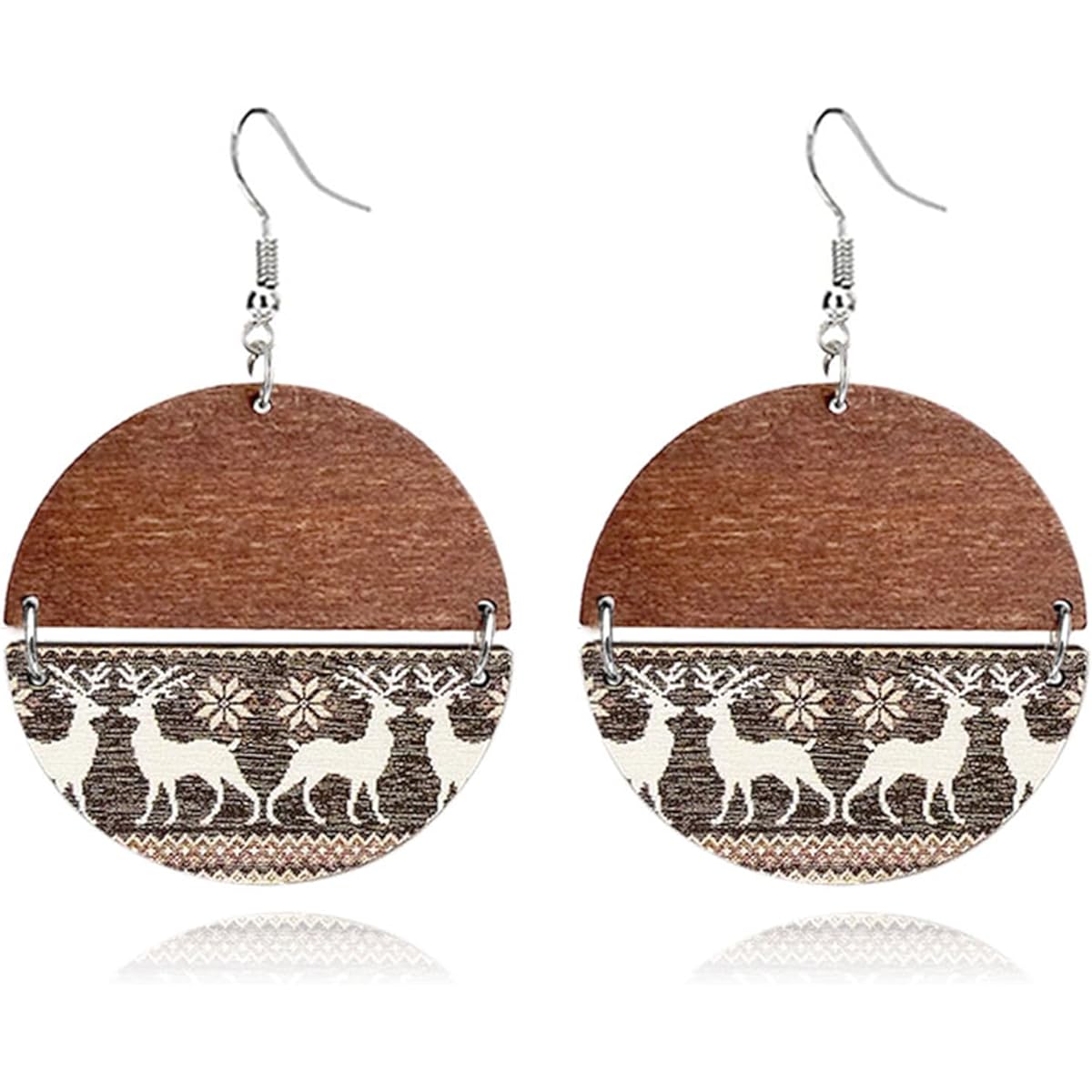 coadipress Colorful Christmas Checkered Round Wooden Dangle Earrings for Women, Lattice Snowflake Deer Tree Flower Print Earrings, Lightweight Wooden Earrings, Christmas Jewelry