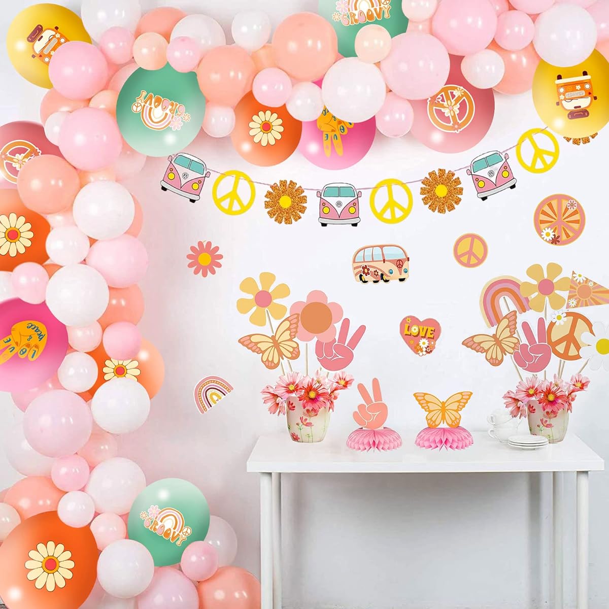 60pcs Hippie Balloons Groovy Balloons Daisy Flower Rainbow Peace Latex Balloons Retro Boho Balloons Party Decoration Supplies