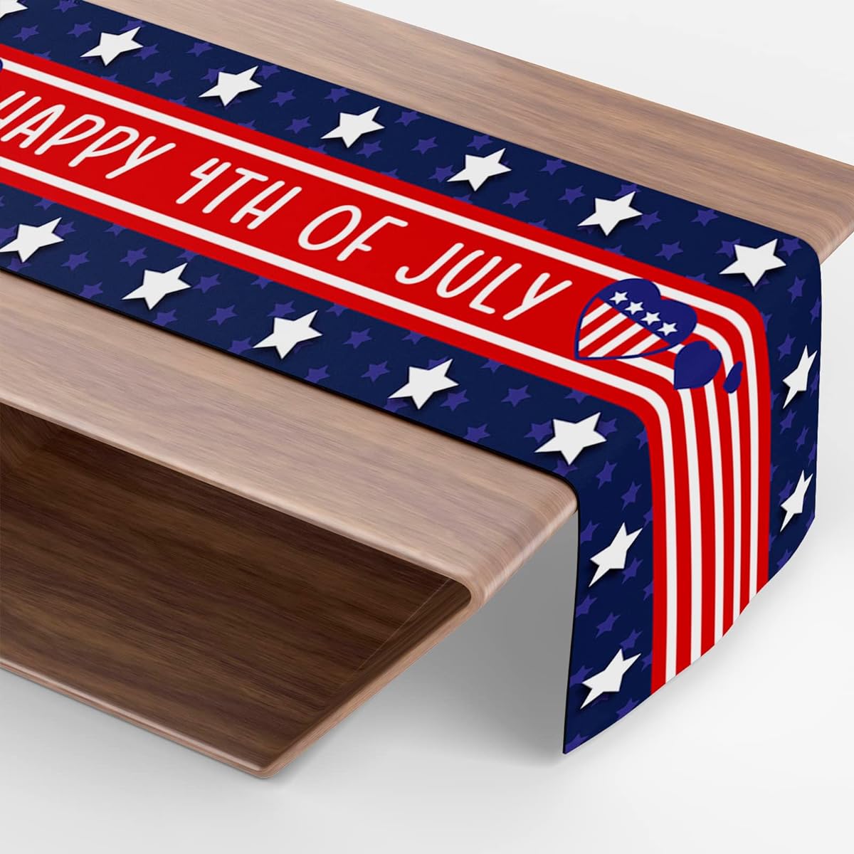 Happy 4th of July Table Runner USA Hearts Patriotic Stars Blue and Red Stripes Kitchen Dining Table Decor Outdoor Indoor Party Decorations Burlap 12x72 Inch - YU-0704-4A