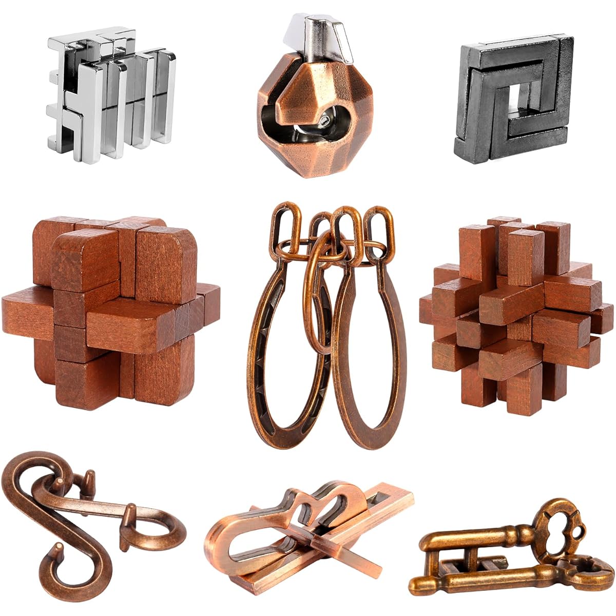 ActPo Puzzle 9 Pieces Bulk Gifts for Kids Teens Adults Retro Wooden Metal Unlock Interlock Brain Teaser Toy