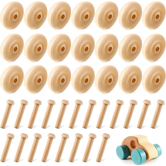 36 Pack Wooden Wheels Toys, Wooden Wheels Craft Toys, Wooden Craft Wheels, Wooden Mini Wheels with Axle Pegs for Craft DIY Toy Car Painting Coloring Wood Working Pegboard (1.25" Diameter)