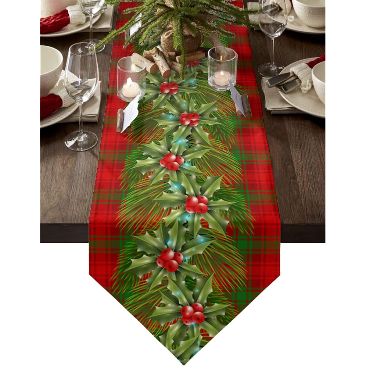 Table Runner 72 Inch Length Christmas Pine Berry Red Green Plaid Anti-Slip Washable Burlap Table Linen for Family Dinner, Outdoor or Indoor Party, Wedding, Gathering Table Decoration