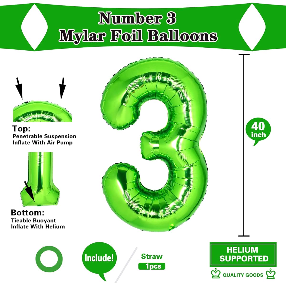 Large 40 Inch Light Green Number 3 Balloons 3rd Birthday Decorations for Girls | 3 Balloons Unicorn 3rd Birthday Rex Decorations for Girls Melon Birthday Party Supplies Pig Birthday Party Supplies