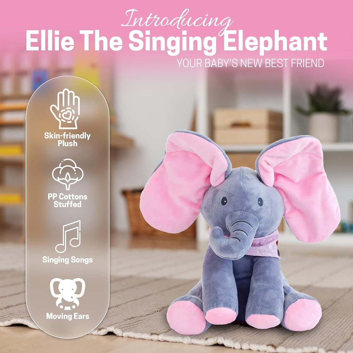 13MARCH Ellie the Elephant – Musical Peeky Elephant Toy – Interactive Animal Moving Ears – Hide and Seek Fun – Stuffed Elephant Baby Toy