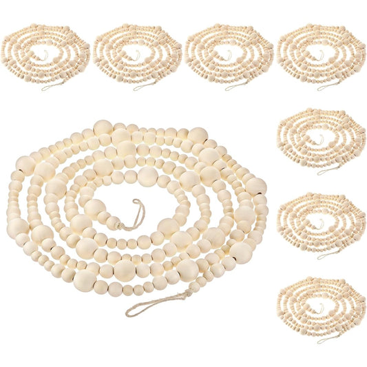 Wooden Bead Garland Rustic Farmhouse Beads Wall Hanging Decor Country Natural Holiday Tree Garland Decorative Wall Hanging Prayer Beads for Christmas (Wood Color, 8 Pieces)