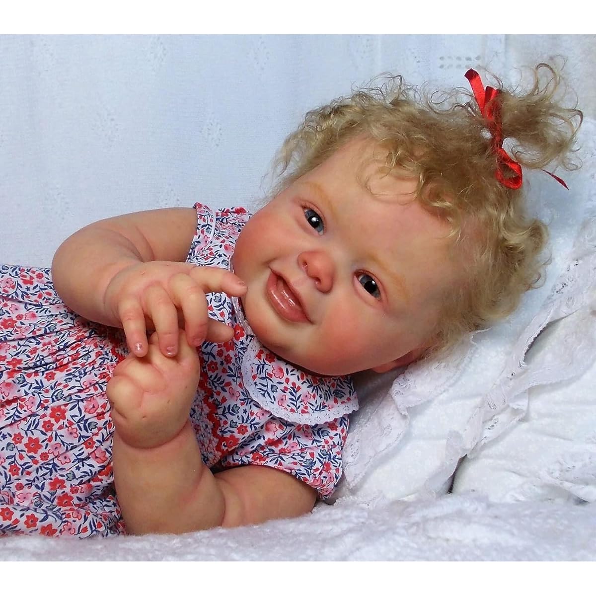 60CM Realistic Reborn Toddler Doll Blue Eyes Girl 24inch Princess Blonde Curly Hair Reborn Baby Doll 3D Skin Hand Painted Realistic Newborn Doll Visible Veins