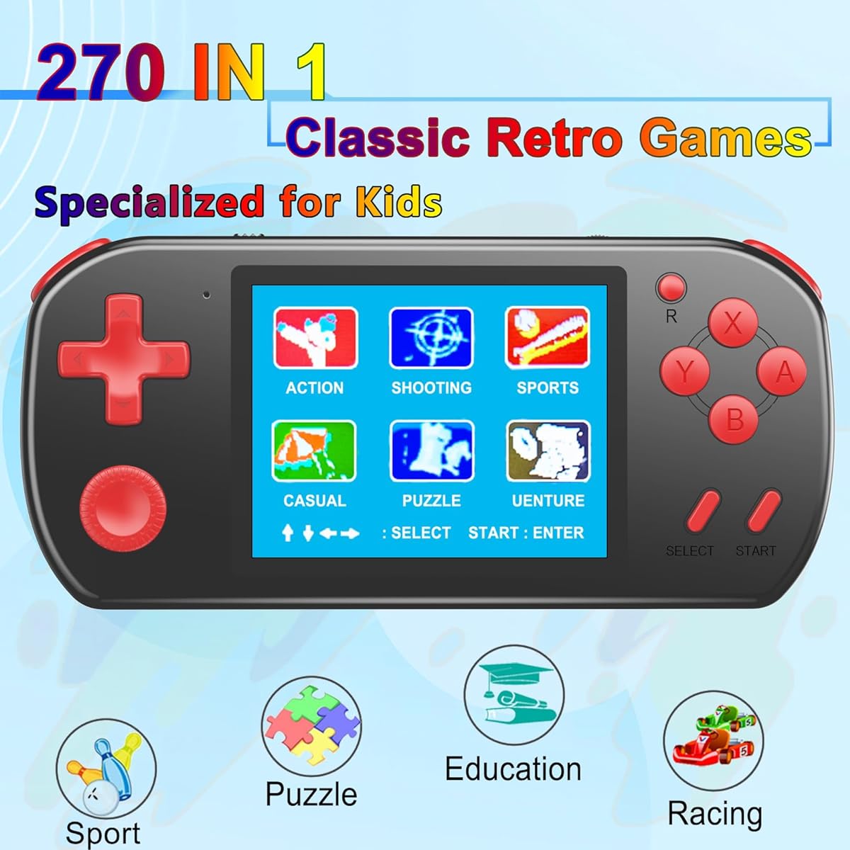 Great Boy Handheld Game Console for Kids, Preloaded 270 Classic Retro Games with 3.0" Color LCD and Gamepad, Rechargeable Arcade Game Player (Black)