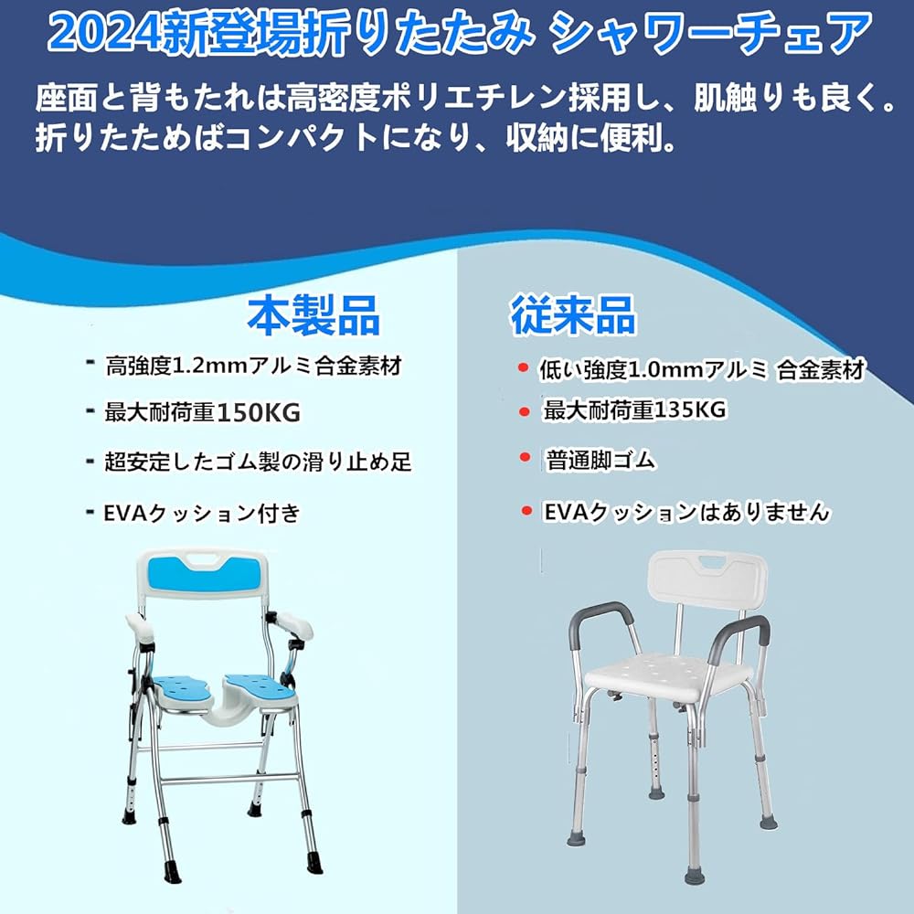 Folding Shower Chair (2024 New Appearance) Shower Chair, For Nursing Care, No Assembly Required, Bathroom Chair, Lightweight, Durable, Aluminum Alloy Frame, Nursing Supplies, Bath Chair, 4 Levels of