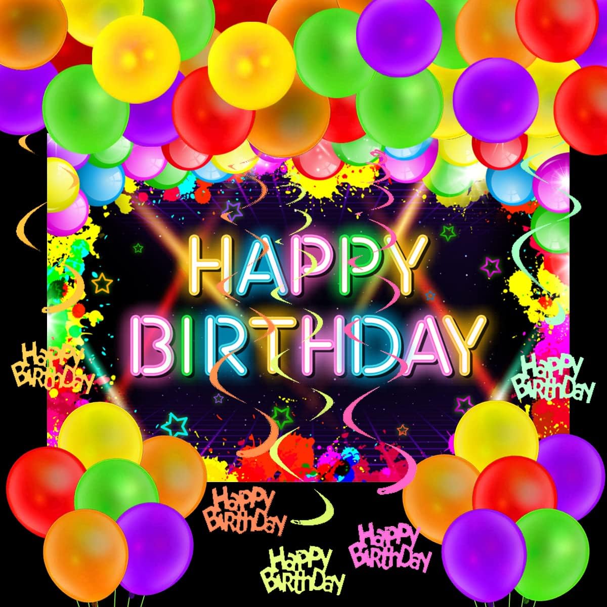 Glow Party Decorations Balloon Garland Kit Birthday Glow Neon Birthday Decorations Supplies Glow Happy Birthday Backdrop Hanging Swirls Fluorescent Neon Birthday Balloons for Birthday and Glow Party
