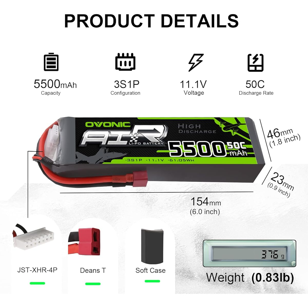 OVONIC 3s Lipo Battery 50C 5500mAh 11.1V Lipo Battery with Dean Style T Connector for RC Airplane Quadcopter Helicopter FPV Drone (2 Pack)