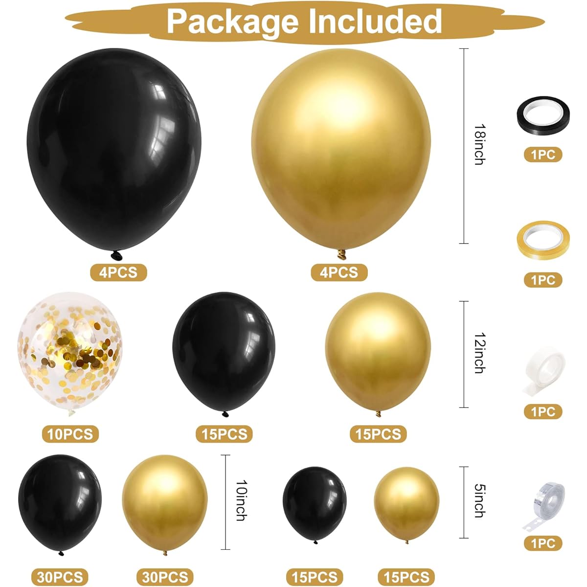 138pcs Black and Gold Balloon Garland Arch Kit Black Metallic Gold Confetti Party Balloons Garland Kit 18/12/10/5 inch Latex Balloons for Birthday Graduation Anniversary Wedding Festival Decorations