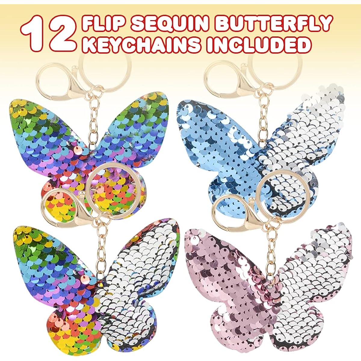 ArtCreativity 12 Pack Flip Sequin Butterfly Keychains Double Sided Butterfly Shape Keychain Charms for Backpack Purse Luggage Birthday Party Favors Goodie Bag Fillers for Kids