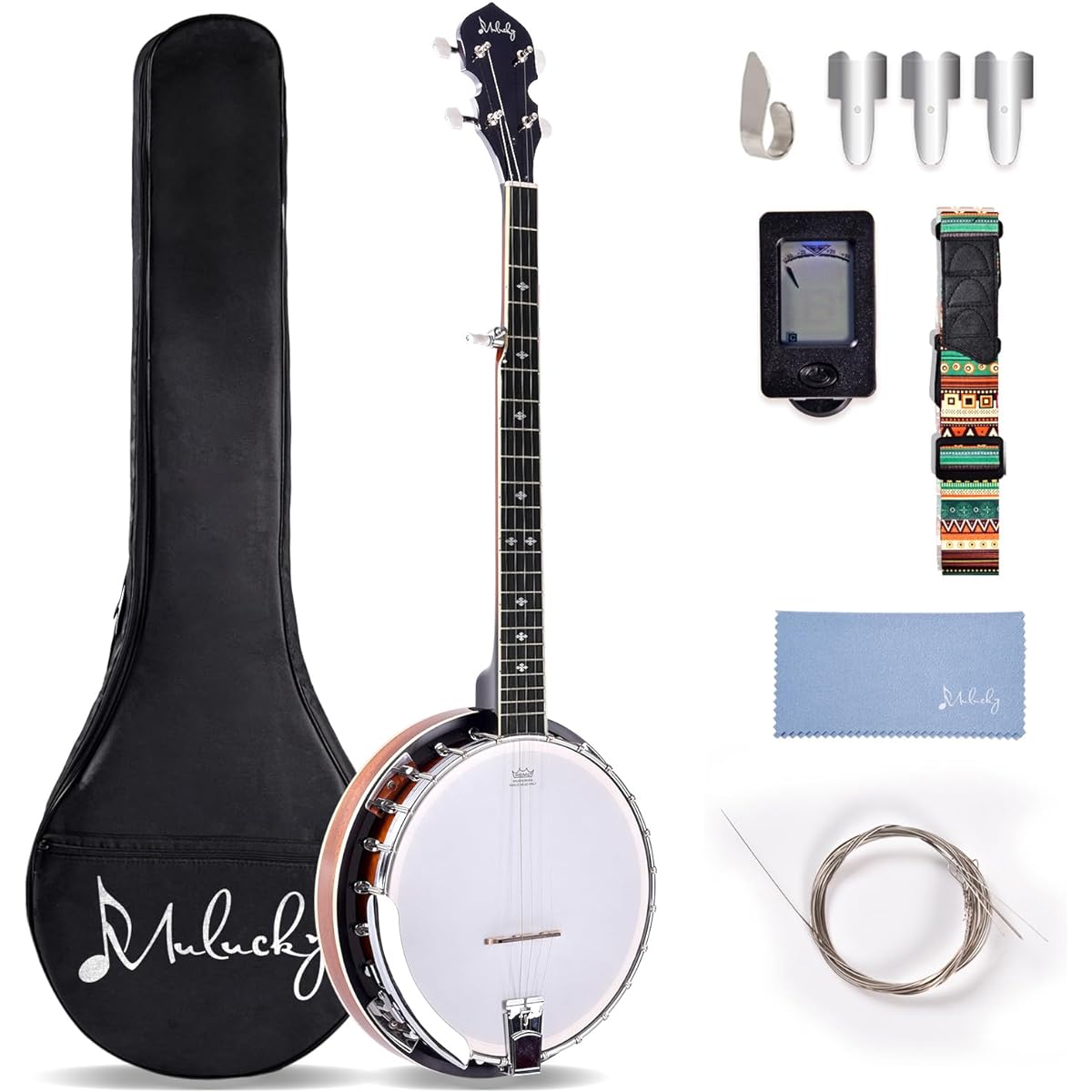 Mulucky 5 String Banjo Full Size with 24 Brackets Open Back Maple Banjo with Remo Head Geared 5th Tuner Gift Package with Beginner Kit - B1102
