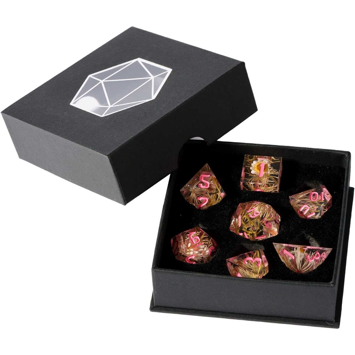 Cusdie Sharp Edge DND Dice 7pcs Flower Dice Set D&D D20 D12 D10 D8 D6 D4 Handcrafted Polyhedral Dice Set for Dungeons & Dragons RPG Pathfinder and Other Tabletop Games (Pink Star Flower