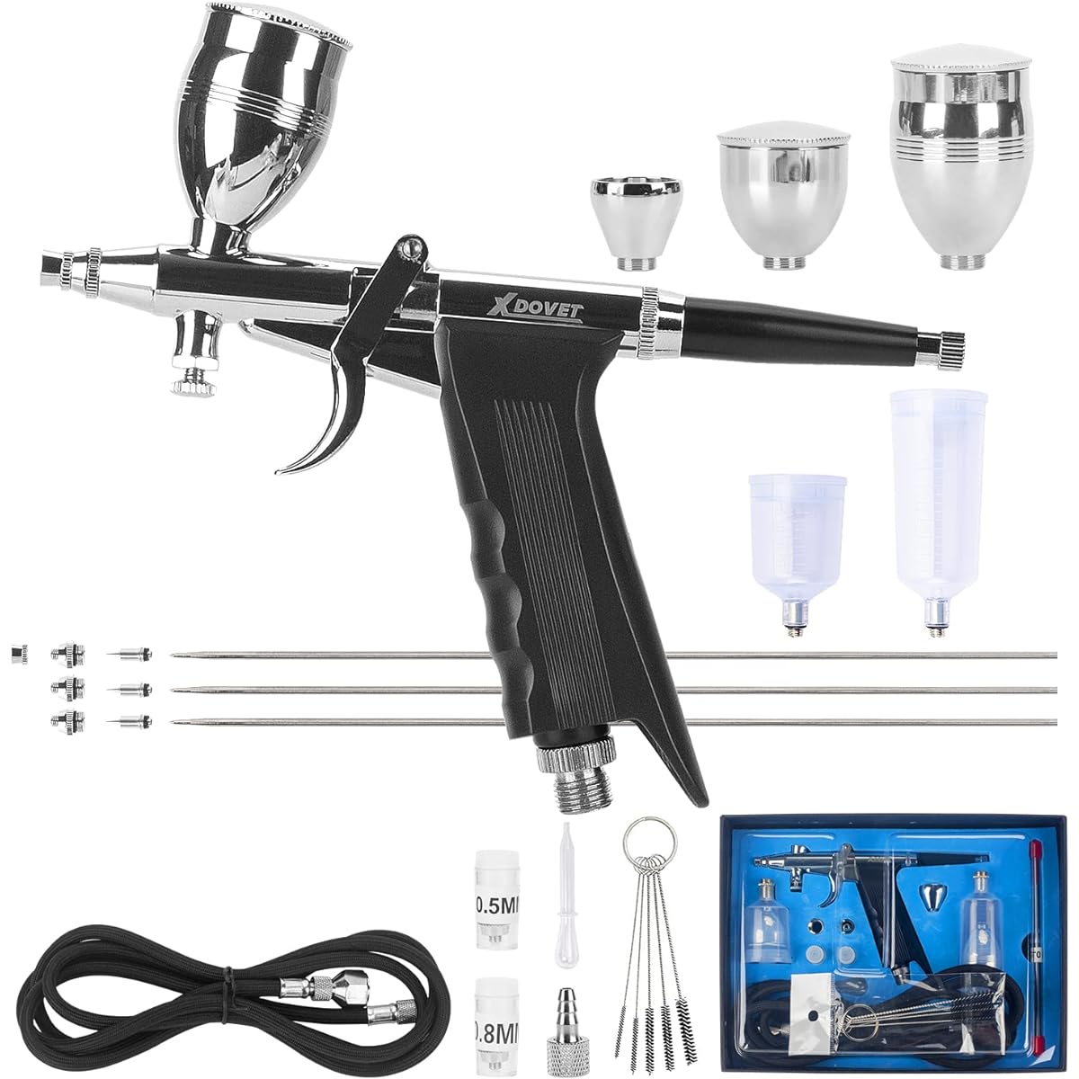 XDOVET Dual Action Trigger Airbrush Kit Airbrush Paint Set with 0.3mm/0.5mm/0.8mm Needle 2cc/5cc/13cc/20cc/40cc Paint Cup Air Hose for Tattoo/Makeup/Nail/Model/Art Hobby for Professional & Beginner