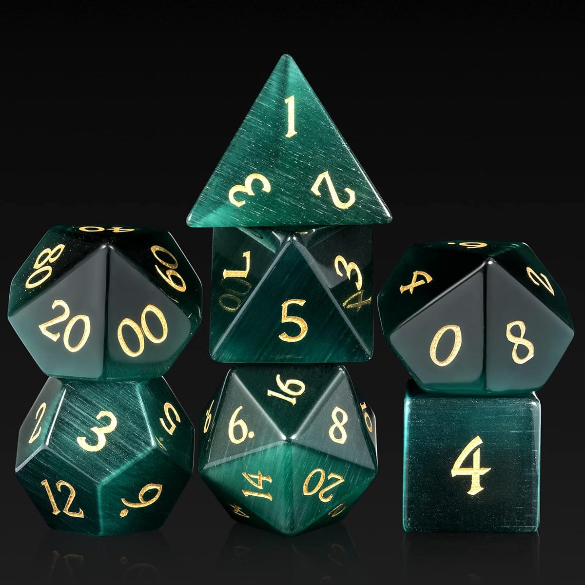 DNDND Cat's Eye Gemstone Dice 7 Pieces Green Stone Dice with Giant Gift Case for DND Dungeons & Dragons Tabletop Game (Green Cat's Eye)