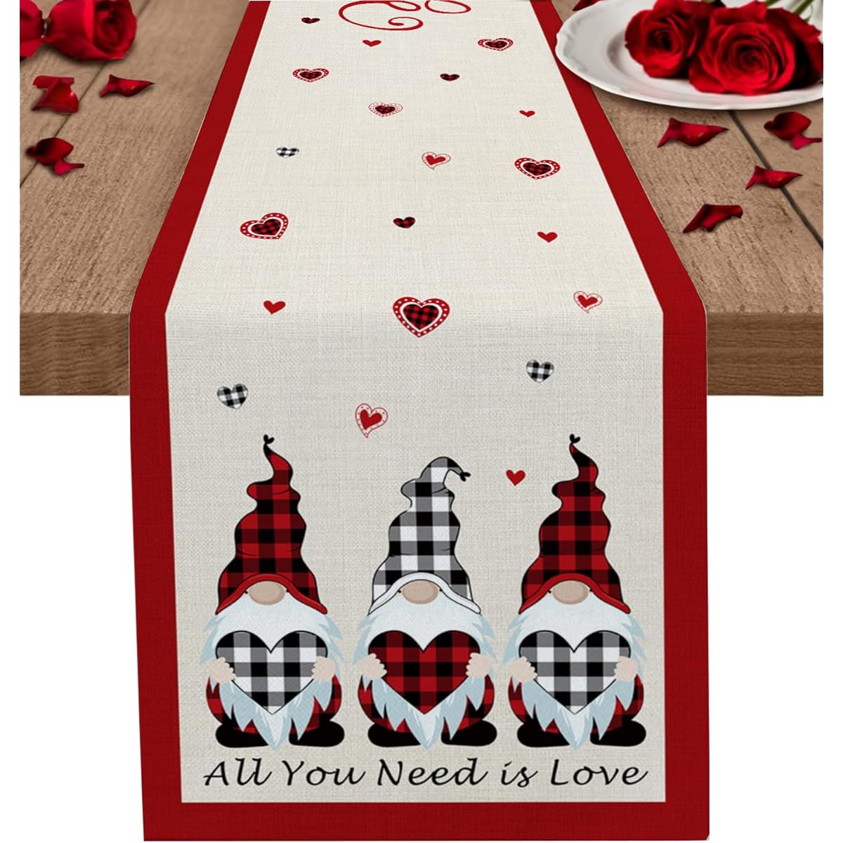 Ldtrchee Valentine Table Runner Cotton Linen 120 Inch Valentine's Day Gnome Bed Runner Dress Scarf Buffalo Check Love Heart Table Runner for Dining/Holiday/Coffee Table 13" x 120"