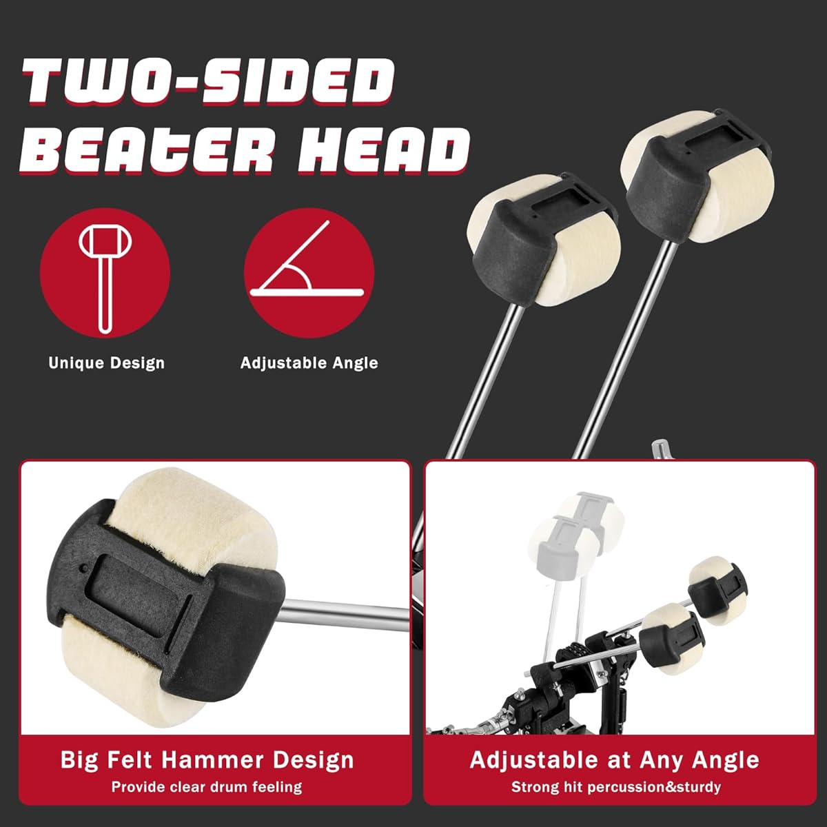 RANMING Double Bass Pedal Double Chain Drive Bass Drum Pedal Double Sided Beater Head Kick Bass Drum Pedal Anti-Slip Foot Plate Kick Pedal for Beginners/Pro Drummers