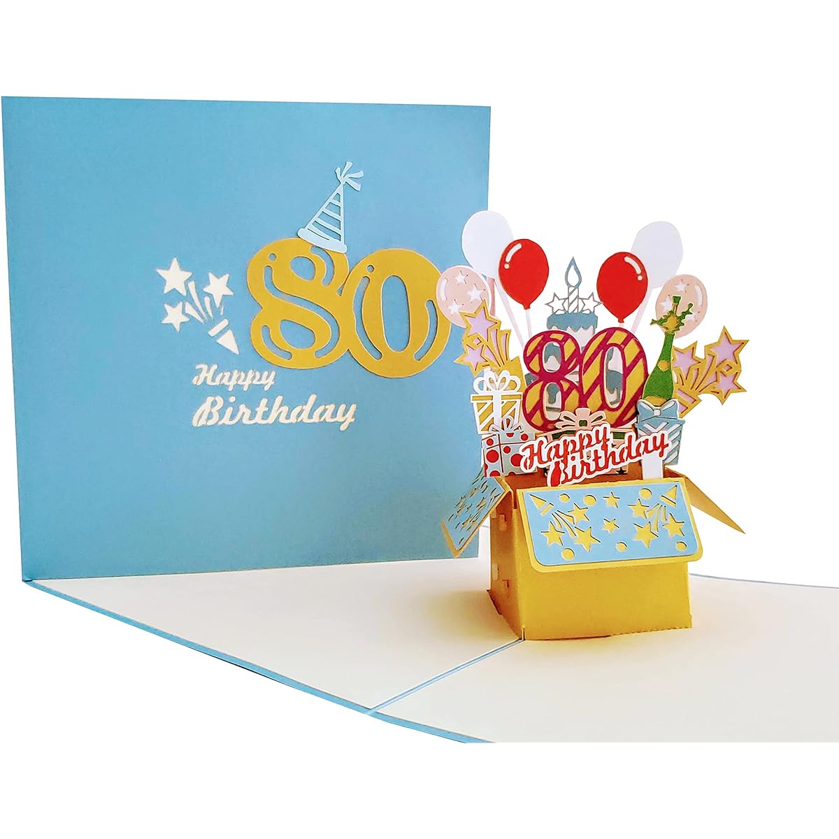 iGifts And Cards Happy 80th Blue Birthday Party Box with 8 3D Pop Up Greeting Cards Amazing Balloons Unique Celebration Feliz Camplinhos Fun