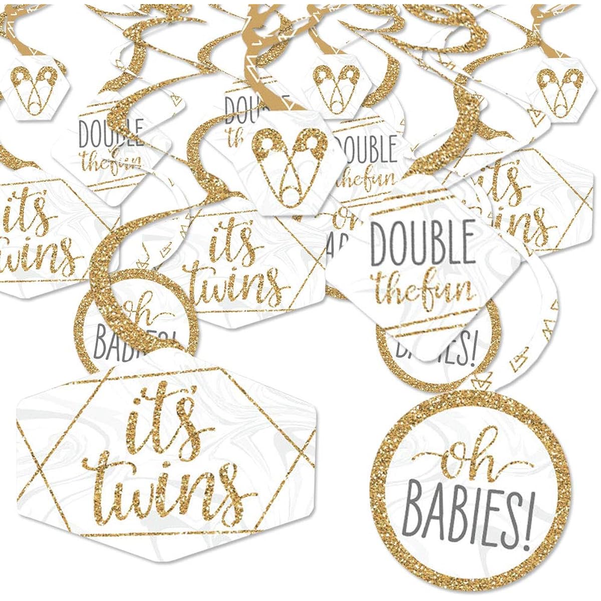 Big Dot of Happiness It's Twins Gold Twin Baby Shower Hanging Decor Party Decorations Swirls Set of 40