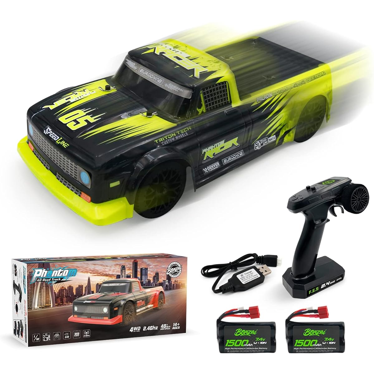 EXBONZAI Remote Control Car RC Drift Car High Speed Radio Controlled Car 1/12 Hobby Drift RC 4WD All Road 48+KM/h Car with 2 Batteries Throttle & Steering Control Remote Control Car for Boys 8-12 Years Old Adults Yellow