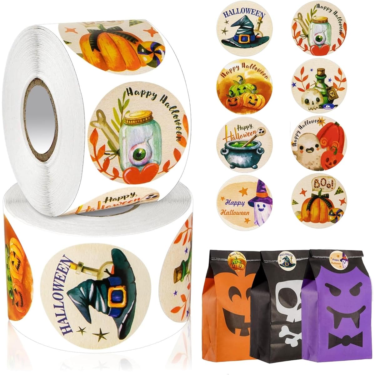 Halloween Roll Stickers - 2 Rolls of 1000 Pieces - 8 Unique Spooky Patterns - Great for Crafts, Decorating, Scrapbooking - Celebration Party Favors for Kids and Adults - Vibrant and Durable Adhesive Stickers for Pumpkins, Treat Bags, Invitations
