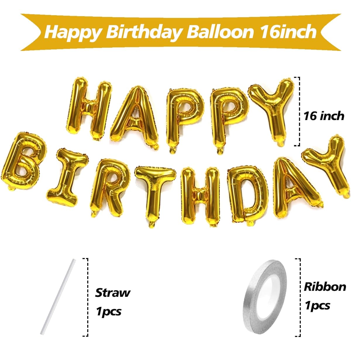 FUNTOOB Gold Happy Birthday Balloon Banner, Happy Birthday Sign Letter Balloon, 16" Happy Birthday Balloons for Boys Girls Adults, Happy Birthday Foil Balloons, Happy Birthday Decorations