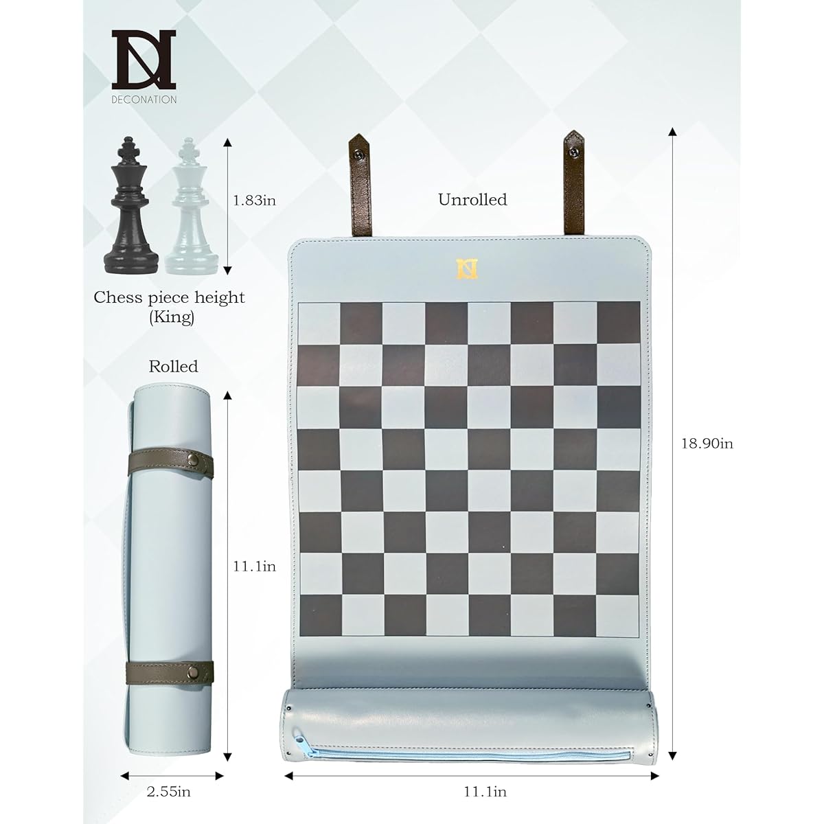 DN DECONATION Portable Chess Set Leather Roll Up Chess Board Foldable Blue & Black Travel Chess Game Mat Resin Chess Pieces for Men Kids Adults Gift (18.90x11.10 Inch)