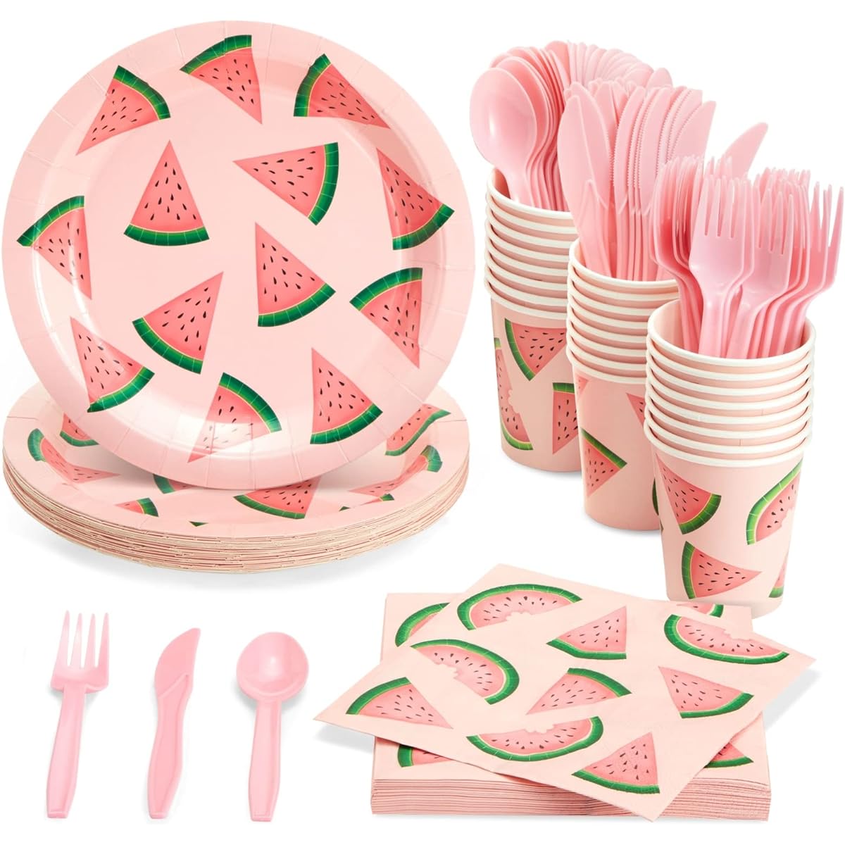 Juvale Watermelon Party Supplies Summer BBQ Birthday Plates, Knives, Spoons, Forks, Napkins, Cups, Pink/Green, Serves 24