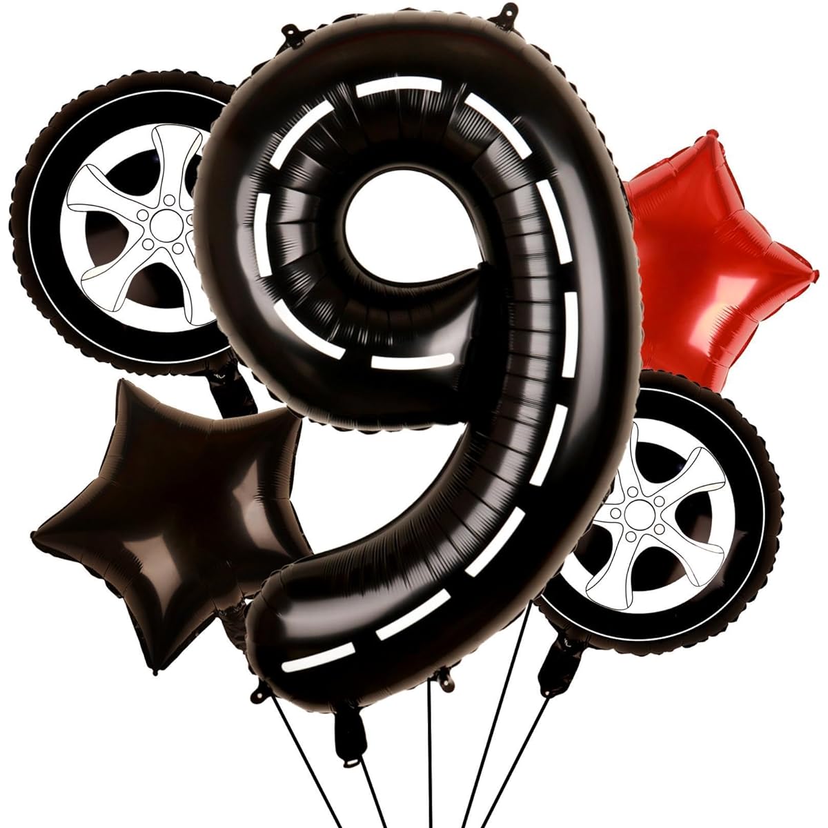Race Car Balloons Wheel Tire Balloons 9th Birthday Party Decorations for Boys Foil Mylar Race Car Truck Bike Theme Party Supplies Favors Anniversary Decor Black and Red