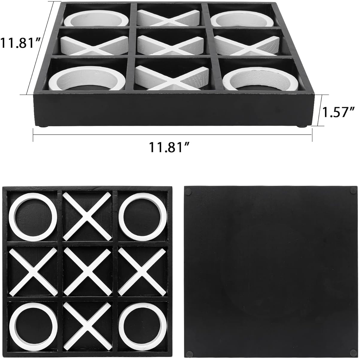 FUIN Wooden Tic Tac Toe Decorative Board Game Set, Coffee Table Decor, 12" x 12", Black & White