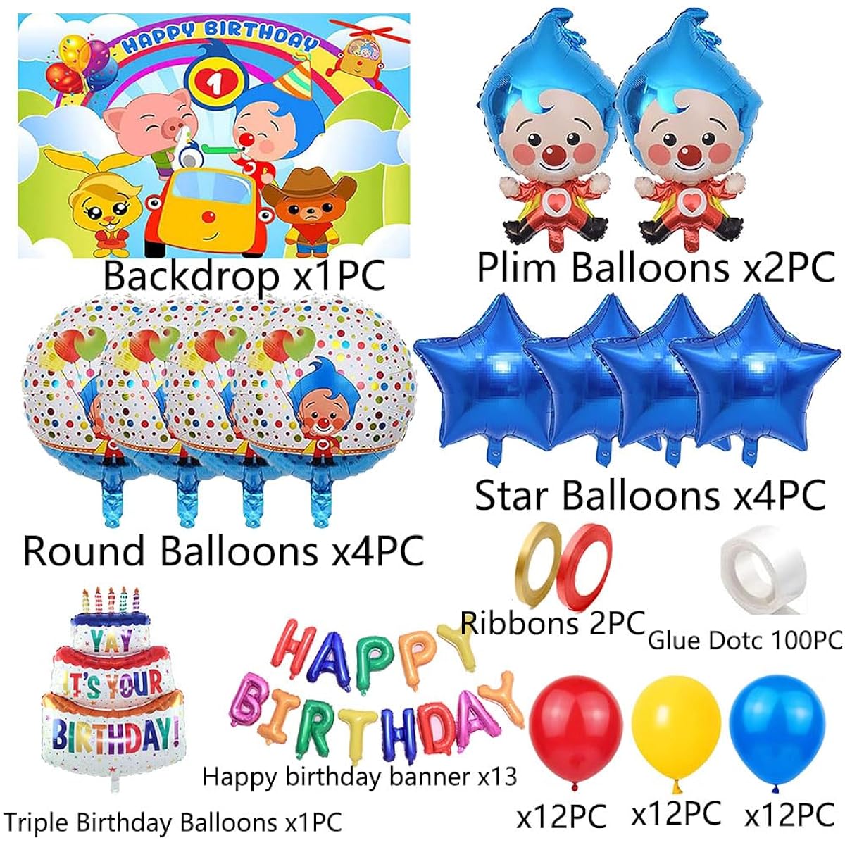 64 Pieces Purim Purim Birthday Party Supplies All in One Pack Happy Birthday Balloon Banner Clown Foil Balloon Purim Background Star Balloon etc. Purim Party Decoration Baby Kids (A)