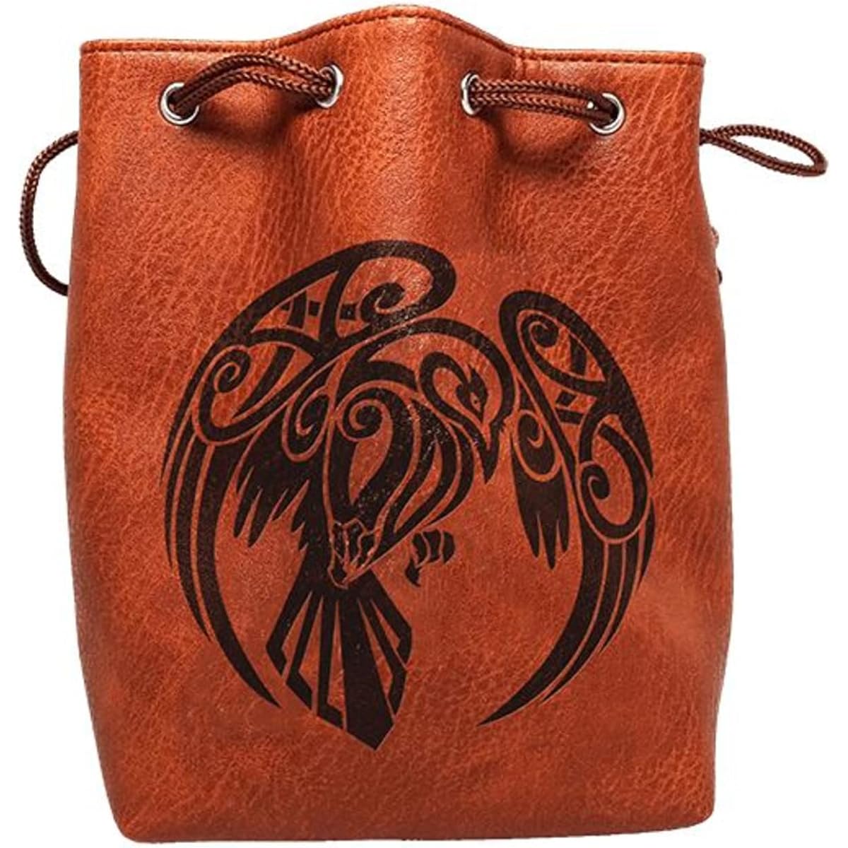 Brown Leather Lite Large Dice Bag Raven Design - Brown Faux Leather Exterior Lined Interior - Stands up on its Own Holds 400 16mm Polyhedral Dice