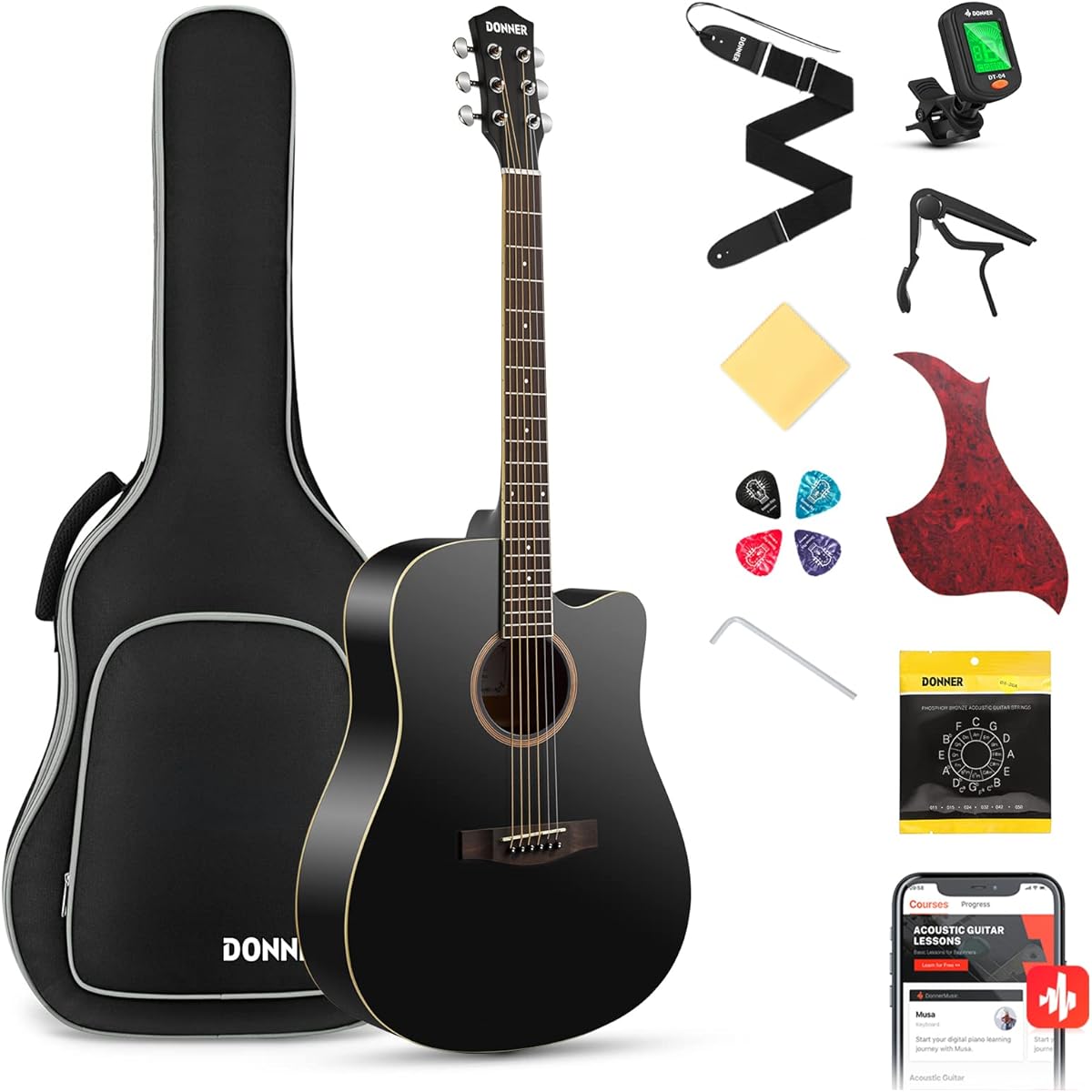 Donner Acoustic Guitar Beginner Set, 41 Inch, High Quality Maple Top, Acoustic Guitar, Cutaway, Right-Handed, For Beginners, Soft Case & Tuner Included, DAG-100B, Black