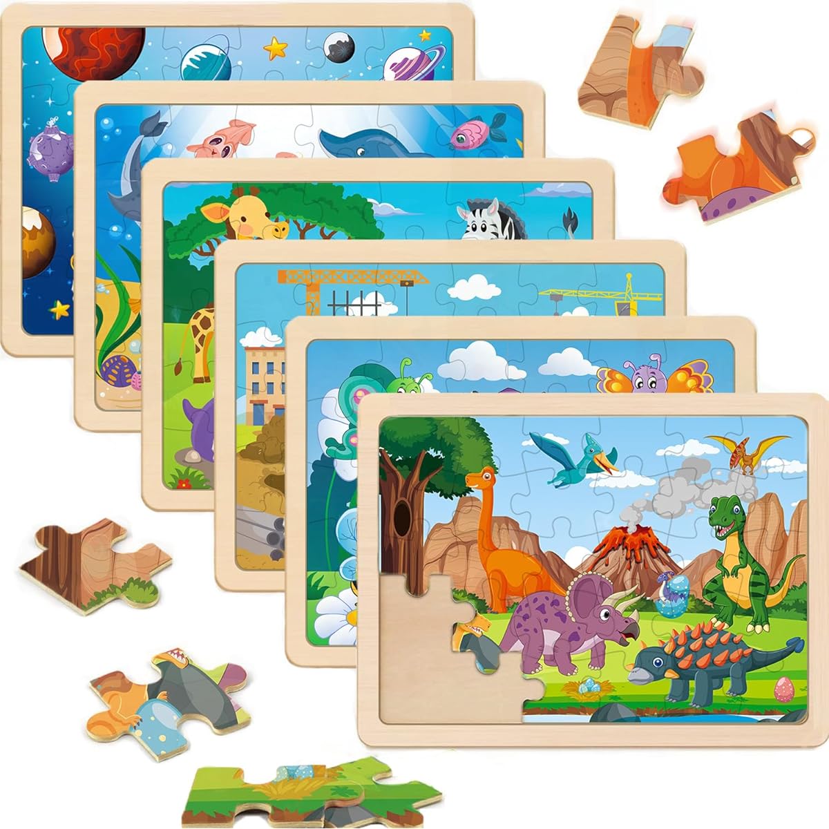 Wooden Puzzles for Kids Ages 4-6 | 6 Pack 30 Piece Jigsaw Puzzles Ages 3-5 | Wooden Puzzles for Toddlers Ages 4-8 Learning Educational Puzzles Toys for Boys and Girls