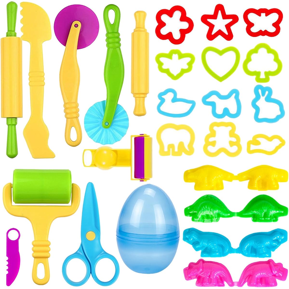 Playdough Tool Set 26 Pieces Kids Playdough Tools Includes Dinosaur Playdough Mold, Playdough Cutter, Roller, Rolling Pin, and Scissors.