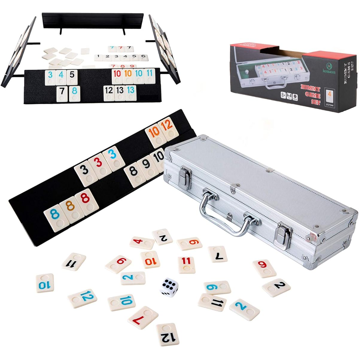 Homwom 106 Tiles Rummy Game - Travel Game Rummy Board Game Rummy Set with Aluminum Case & 4 Non-Slip Durable Trays