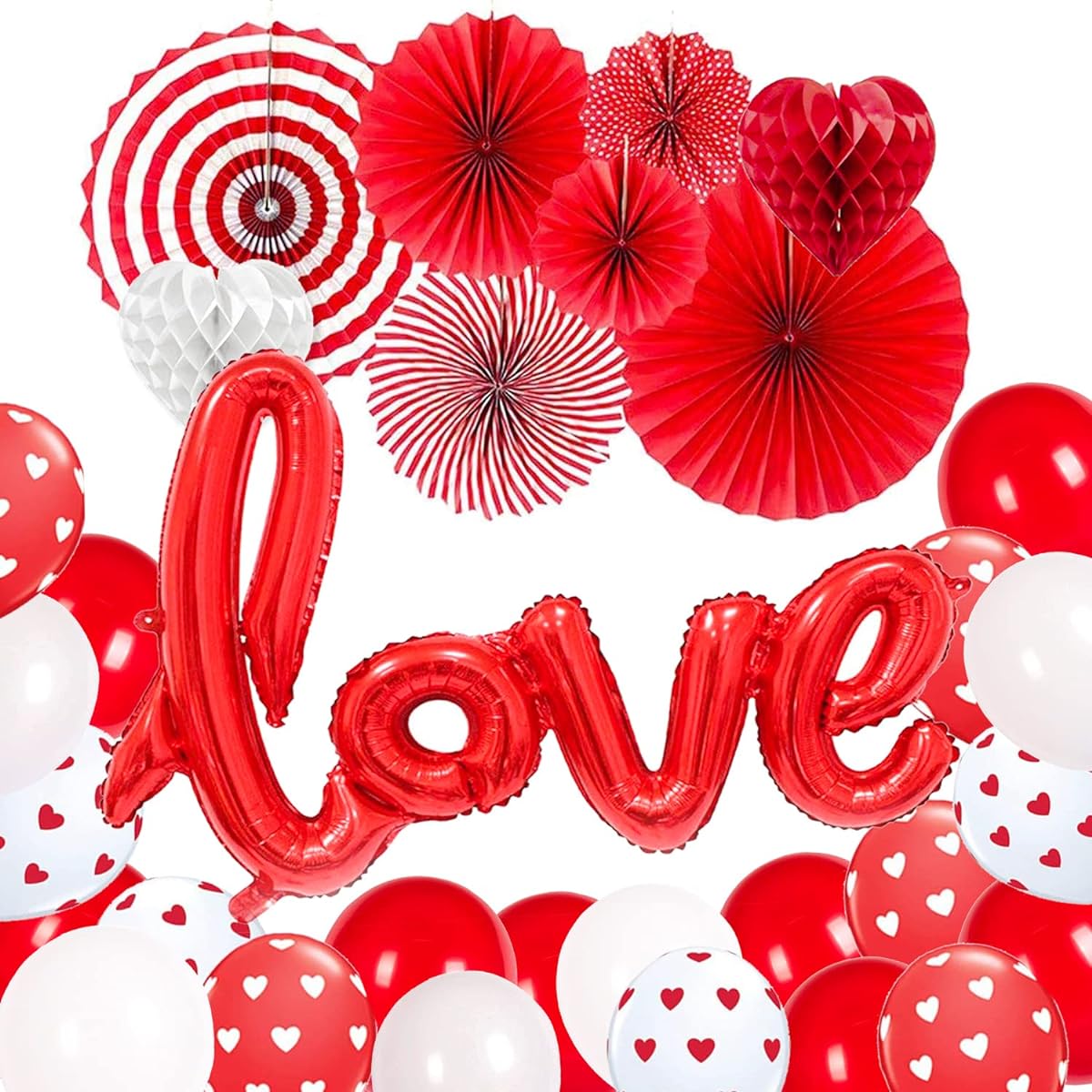 Adurself Valentine's Day Party Decorations Valentine Supplies Favors, Red Paper Fans, Heart Honeycomb Balloons Printed Latex Balloons, Red Love Mylar Foil Balloons, Felt Heart Banner for Valentine's Day