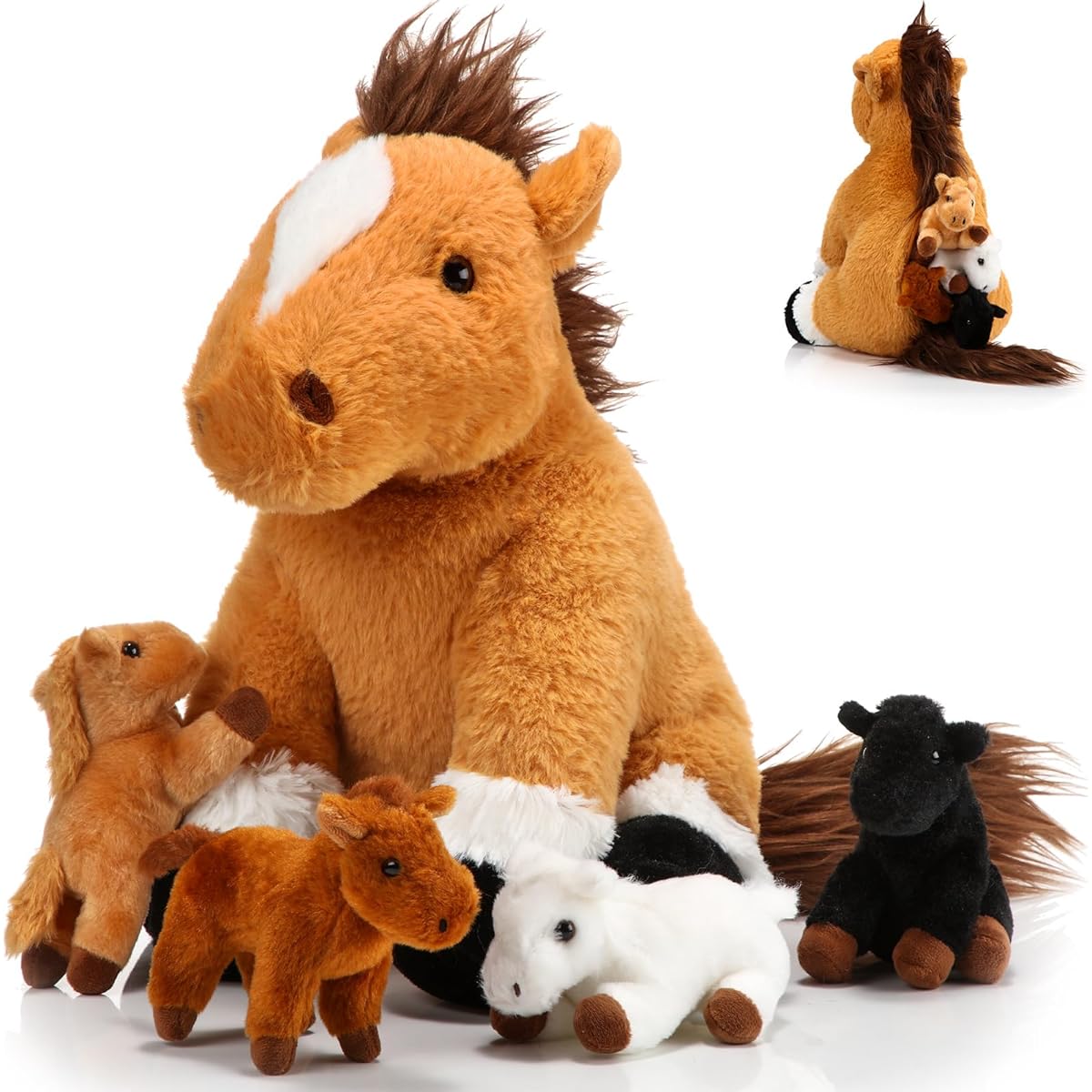 Lenwen 5 Pieces Adorable Horse Plush Toys, Large Mummy Horse Stuffed Animals, 4 Cute Stuffed Animals, Belly Soft Nurturing Horse Plush Toys for Toddlers, Boys, Girls, Birthday Gifts, Party Favors (Cute)