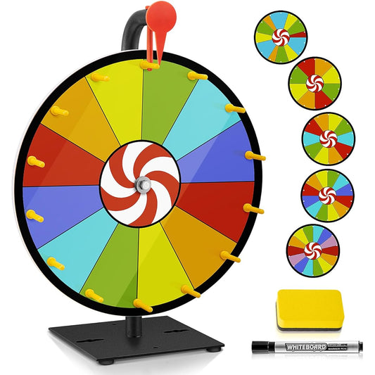 ARTISHION 5-in-1 Color Prize Wheel - 12" Wall Mount or Tabletop Roulette Spinning Wheel with Heavy Duty Metal Base and Dry Erase Marker for Trade Shows, Carnivals, Win Fortune Spin Games