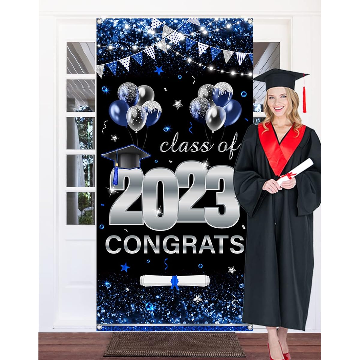Graduation Banner Decorations - Class of 2023 Large Blue Door Cover Banner Decorations Graduation Party Supplies (Blue)