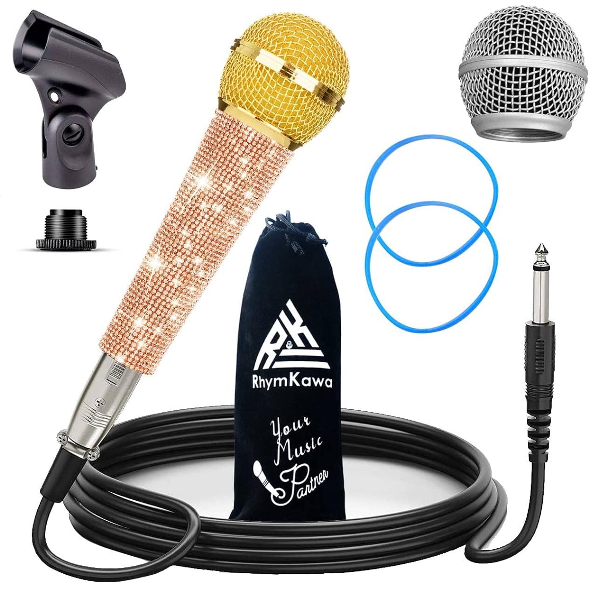 RhymKawa RS58 Rose Gold Bling Cardioid Dynamic Vocal Wired Microphone Singing Karaoke Microphone Metal Handheld with Bling Crystal Cover