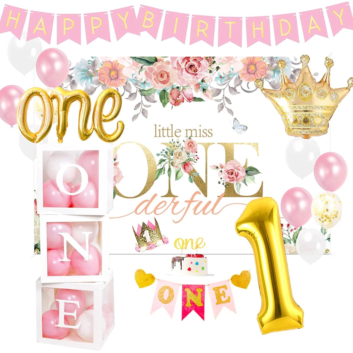 PYCALOW FIRST BIRTHDAY DECORATIONS GIRL - 1st birthday girl decorations include balloon box, backdrop, crown, banner, highchair banner, topper, baby first 1st girl party supplies.