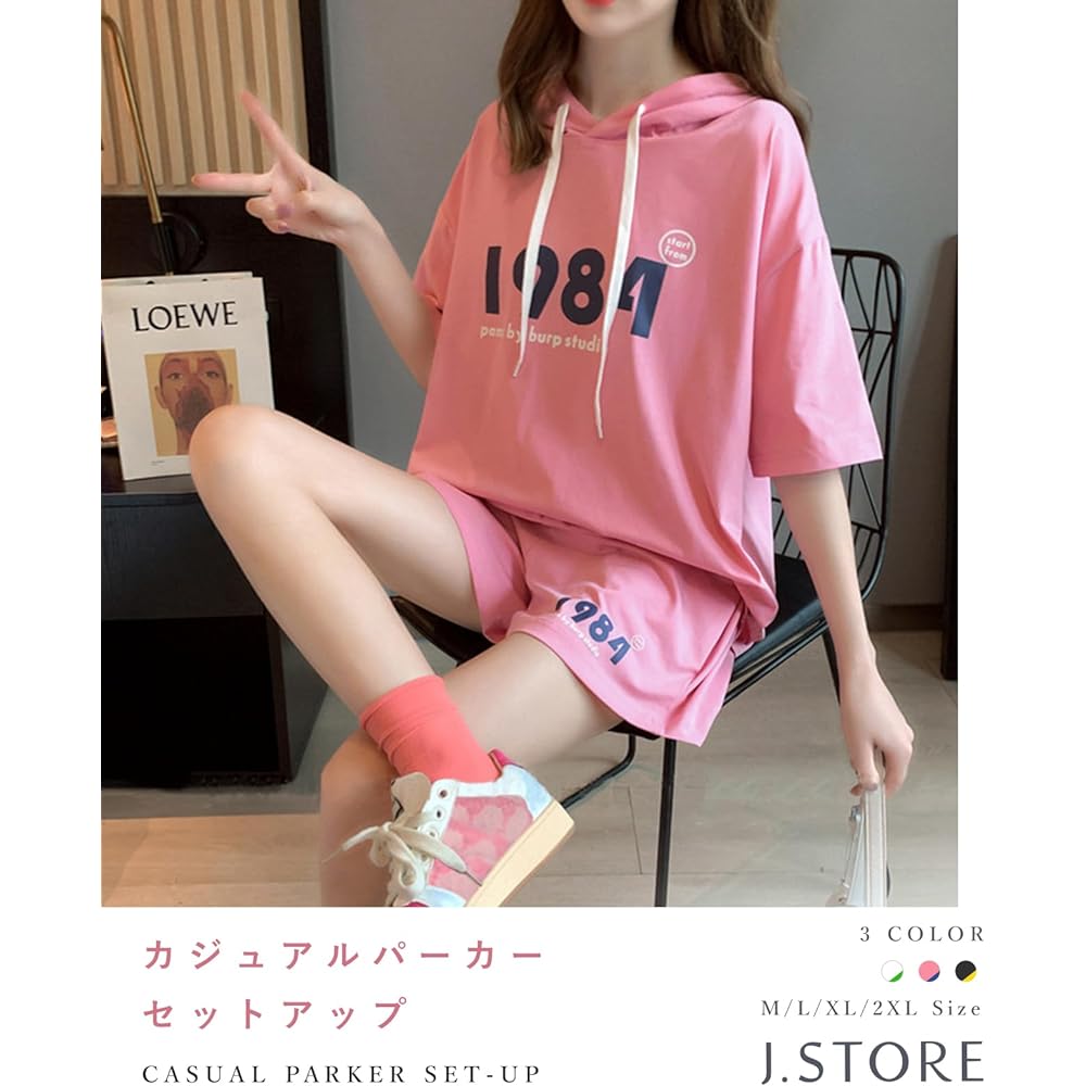 [J.STORE] 2-piece set, top and bottom, parka, women's, short sleeve, spring, summer, casual, logo set, elastic waist, tops, pants, loungewear