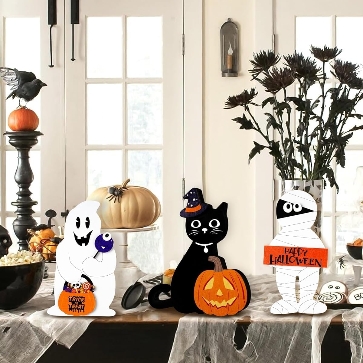Halloween Decorations for Indoor - Wooden Sign Ghost Black Cat Mummy Table Centerpiece Halloween Table Decor Shelf Home Living Room Decor