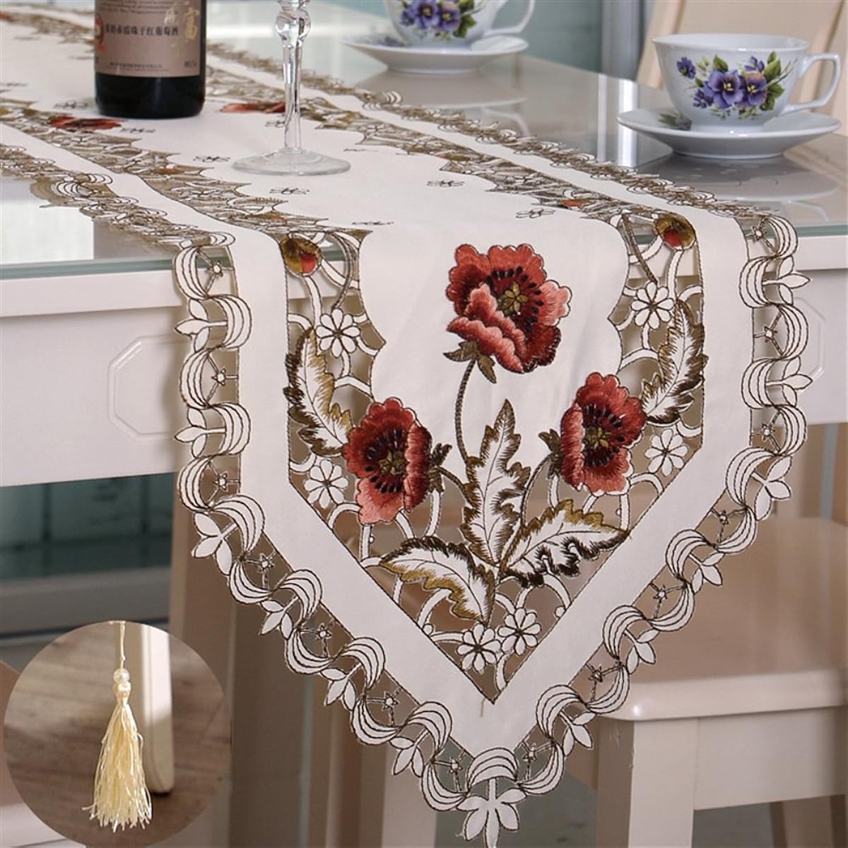 SK Studio Embroidered Floral Fabric Handmade Table Runner Country Style 15.7*59.1in Beige SK-HYMY-188-1-1(40x150cm)