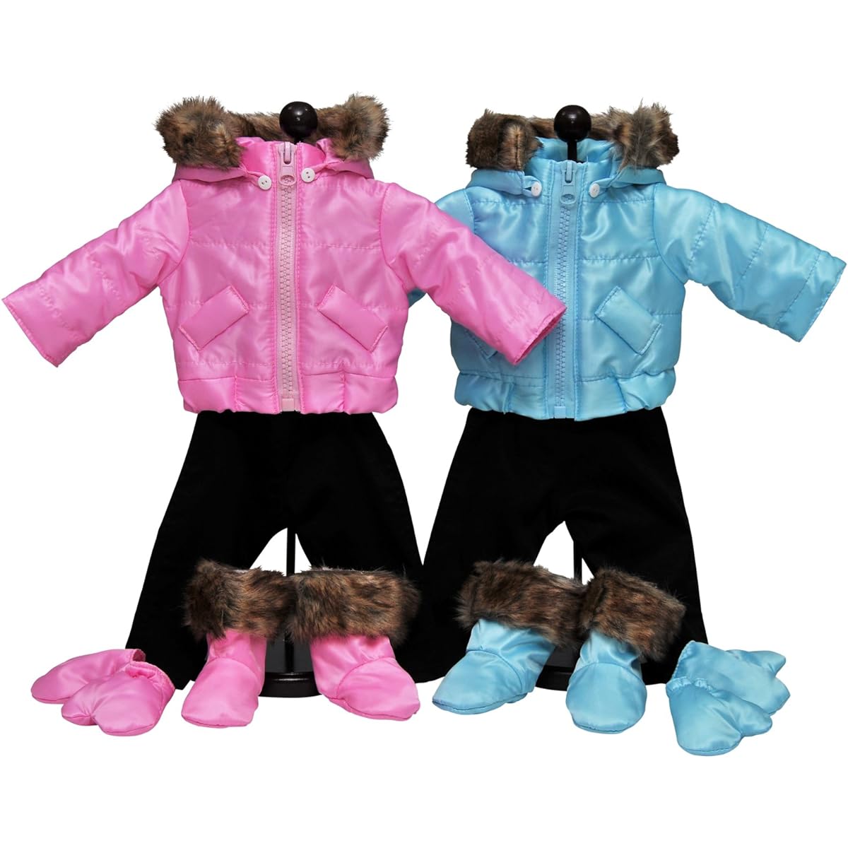 Set of two complete Bitty 15-inch baby dolls in twin pink & blue winter clothes. Two 6 Piece Outdoor Ski Outfits Fits Bitty Baby Twins