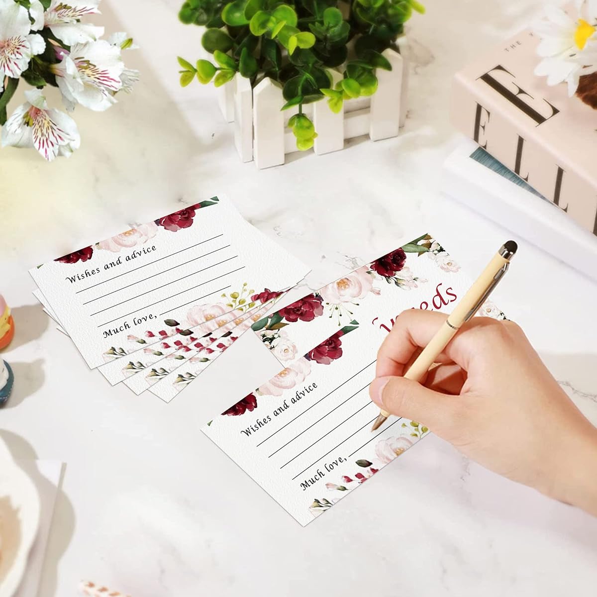 Bridal Shower Games Advice and Wishes Cards for Newlyweds, 50 Pieces Rose Flower Themed Advice Cards with Holder Box for Bridal Shower Meaningful Wedding Party Activity Decoration Supplies